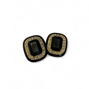 Vintage Black + Gold With Diamond Gemstones Clip On Earrings